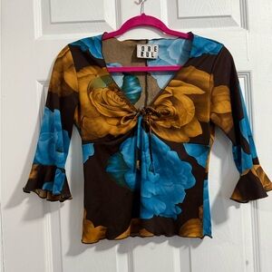 Women's Floral Top - Blue and Brown vintage Y2K